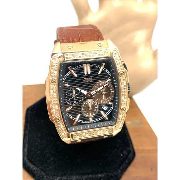 JBW Men's Watch J6379D Echelon Diamond Quartz Black Dial Rose Gold Brown Leather - Picture 14 of 15
